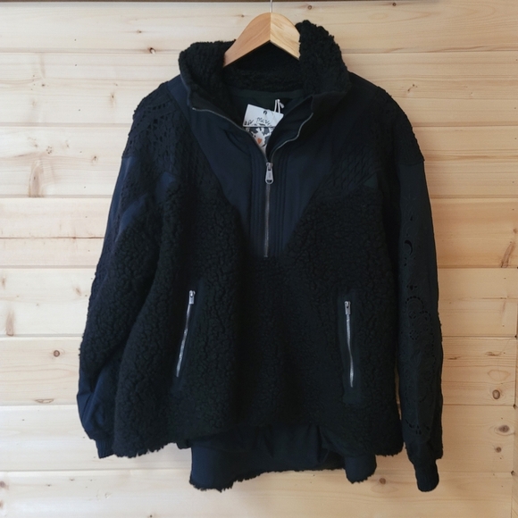 Free People,  Seaside Crocheted Sherpa Fleece Jacket in Black, Size S -NWOT - Picture 15 of 15